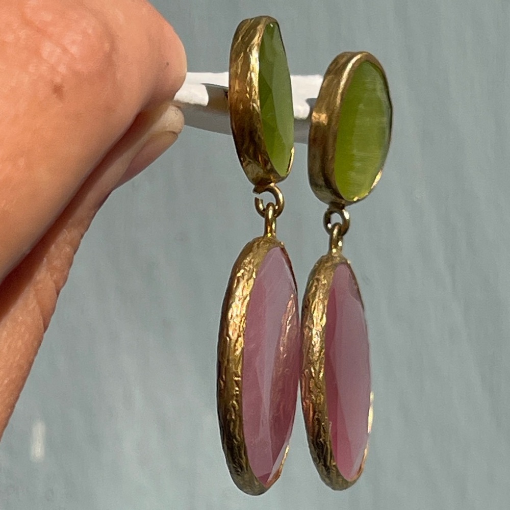 Pink and green stone Gold Drop dangle Earrings artisan vintage - Picture 3 of 11